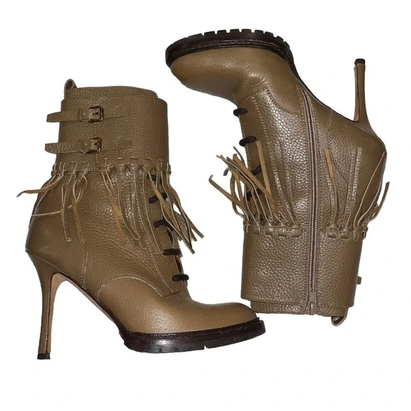 Valentino Brown Fringe Moto Ankle Boot Lug Sole EU 37 Designer EUC - Picture 2 of 10